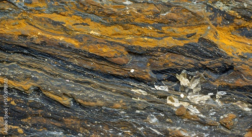 Wallpaper Mural Close-up of a rough, textured rock surface showing layers of grey, black, and ochre-yellow mineral deposits, possibly formed by natural geological processes over time Torontodigital.ca