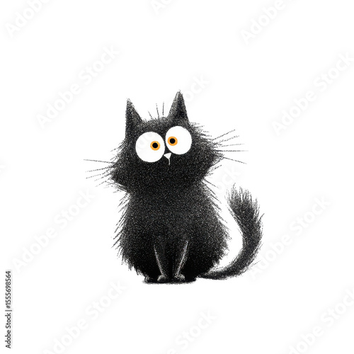 Charming Illustration of a Quirky, Wide-Eyed Black Cat with Fluffy Fur and Playful Expressions, Perfect for Cat Lovers and Artwork Enthusiasts
