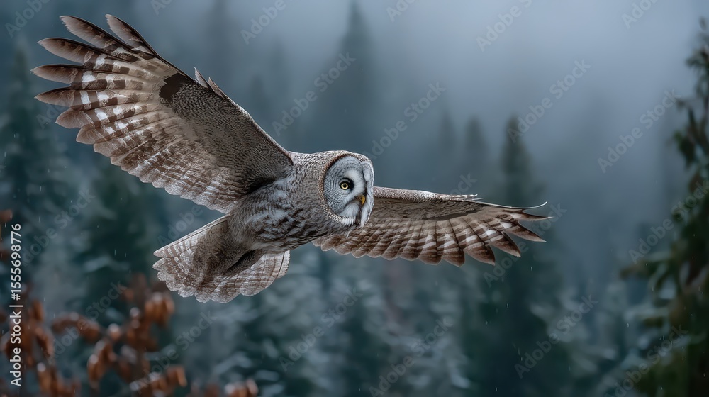 Fototapeta premium Great Grey Owl in Flight Over Misty Forest