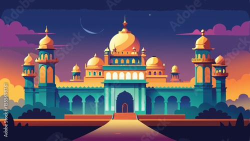 A building with domes and arches under a crescent moon sky landscape illustration