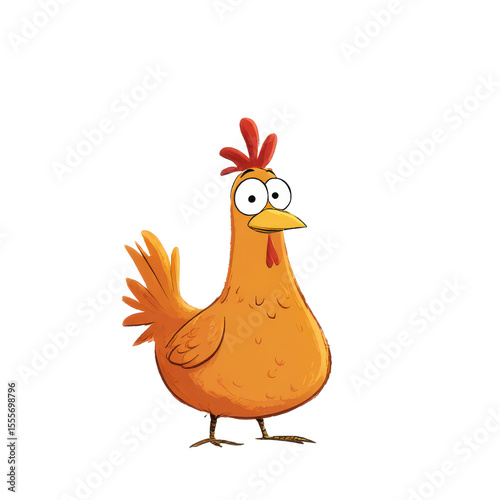 A Cute Cartoon Chicken Character with a Quirky Expression and Bright Orange Feathers Standing Playfully on a White Background