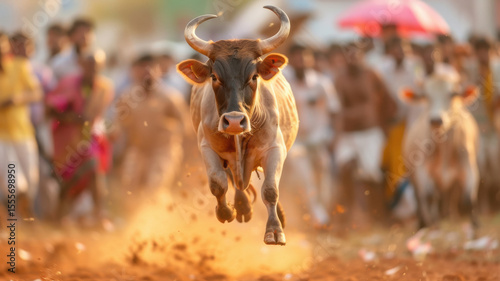 jallikattu bull running and jumping in festival