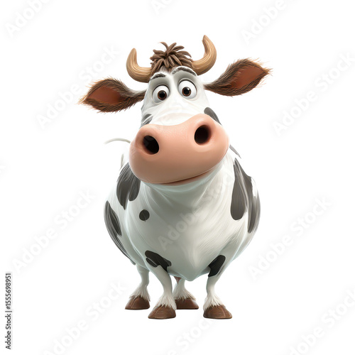 A Cartoon Cow Character with Big Eyes and Playful Expression, Perfectly Illustrated for Children, Featuring Unique Spots and Endearing Antics