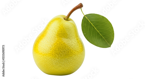 Fresh Yellow Pear with Stem and Green Leaf on White Background.