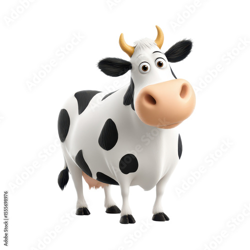 A Cheerful Cartoon Cow Character with Spots and a Playful Expression, Perfect for Children's Media and Farm-themed Illustrations