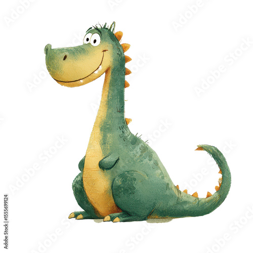 Cheerful Cartoon Dinosaur Character with a Friendly Smile, Perfect for Children's Books and Animation Featuring Vibrant Colors and a Playful Design