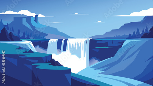 A scenic view of a waterfall with mountains and a blue sky landscape illustration