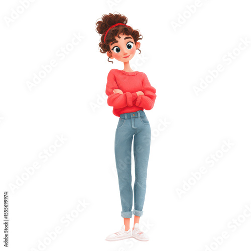 Charming Animated Character with Curly Hair Dressed in Casual Outfit, Emphasizing Youthful Style and Playful Vibes