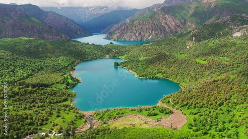 sary chelek lake in Kyrgyzstan drone aerial scenic nature landscape in central asia 
