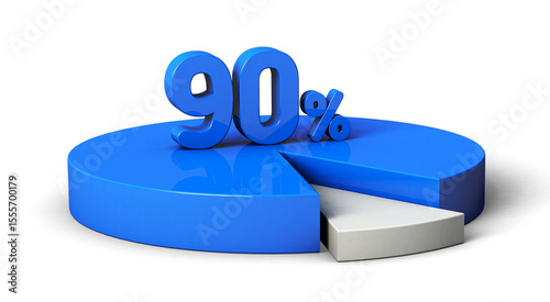 90% blue and white pie chart isolated on transparent background. 3d illustration.	