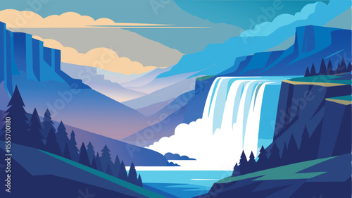 A scenic vista of a waterfall cascading into a serene river landscape illustration