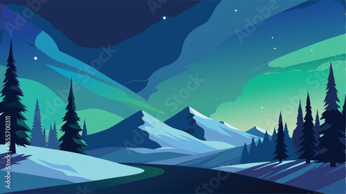 A view of snowy mountains and trees under a night sky glow landscape illustration