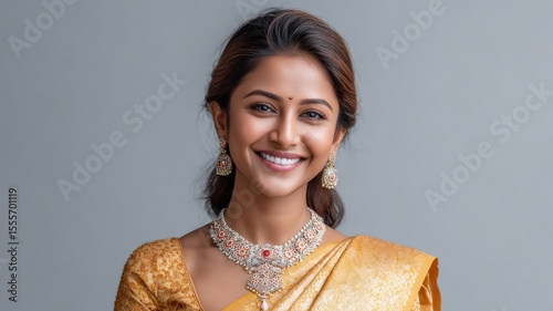 young indian woman wearing traditional sari and jewelry