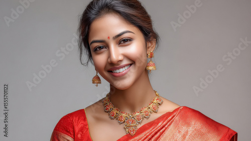 young indian woman wearing traditional sari and jewelry