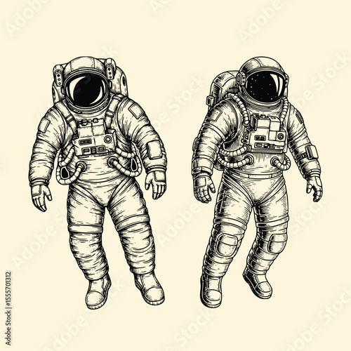 hand drawn astronaut floating in space illustration, vector engraving style