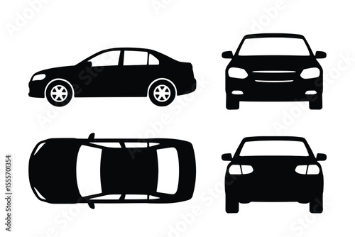 Elegant Black Sedan Car: Multiple Views - Side, Top, Front, Back