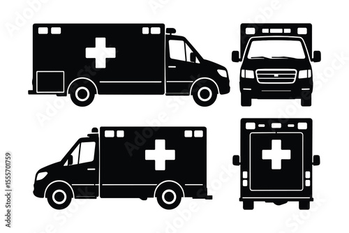 Ambulance Vehicle Vector Illustration: Front, Back, and Side Views in Black and White