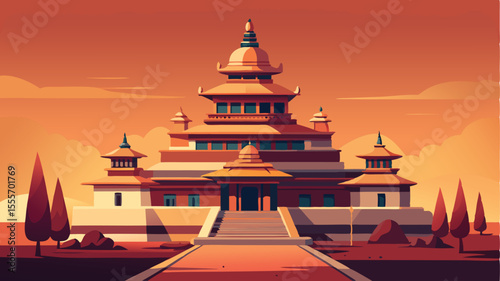 Tiered building with stairs under a warm sky at daytime view landscape illustration