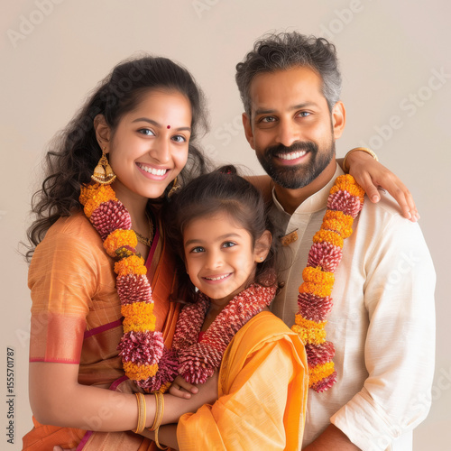 happy indian family standing together on isolated background