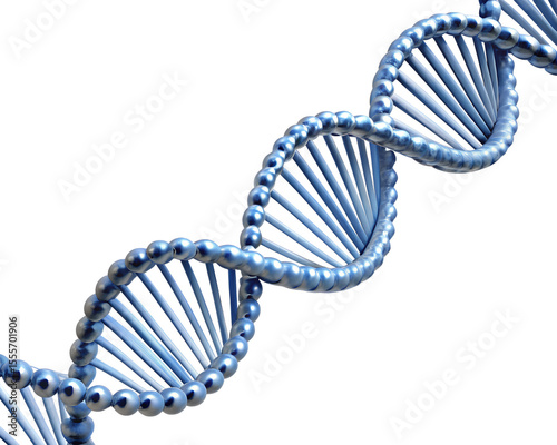 A detailed 3d rendering of a dna double helix, isolated on transparent background, shows a vibrant blue structure against a clean white backdrop
