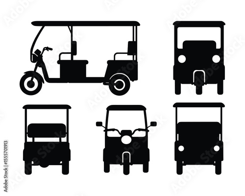 Silhouette Illustration of Tuk-Tuk, a Three-Wheeled Vehicle - Multiple Perspectives