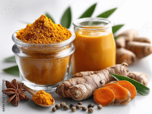 turmeric powder in the bowl on white background