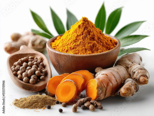 turmeric powder in the bowl on white background