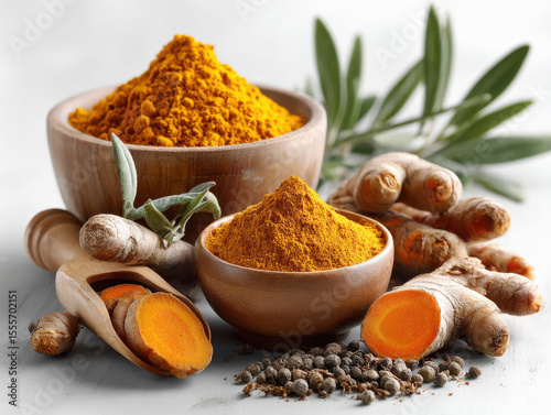 turmeric powder in the bowl on white background