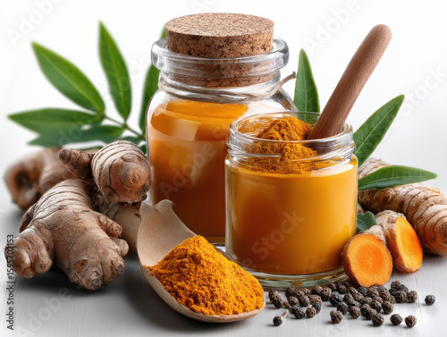 turmeric powder in the bowl on white background