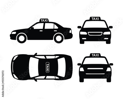 Taxi Silhouette Set: Side, Front and Top Views in Black and White Vector Illustration