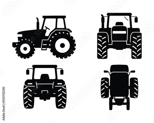 Detailed Tractor Icon Set: Black Silhouettes of Agricultural Vehicle in Four Views