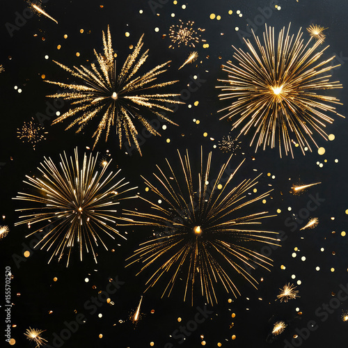 Festive background with golden New Year fireworks on black. greeting cards, banners, promotional materials, and celebratory seasonal designs.