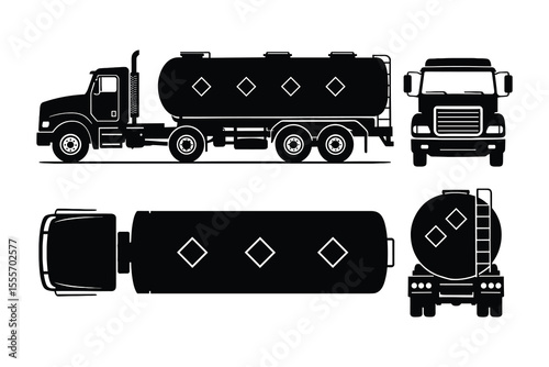 Detailed Black and White Vector Illustration of a Tanker Truck with Multiple Views
