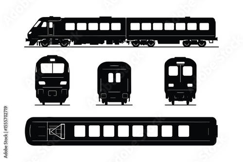 Black Silhouette Train Set with Multiple Views: Side, Front, Rear, and Top Views