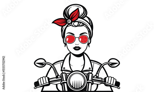 Stylish woman with red sunglasses and a red bandana in her hair riding a motorcycle with a black and white graphic illustration style