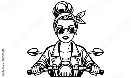 Stylish woman with a messy bun and sunglasses wearing a leather jacket riding a motorcycle with a bandana tied around her head