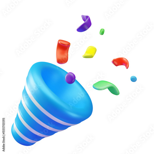 Party popper cone with colorful confetti, 3d vector illustration