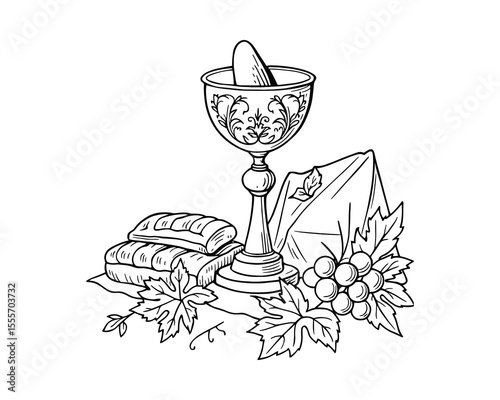 Detailed Line Art Depiction of Holy Communion Elements: Bread, Wine Chalice, Grapes