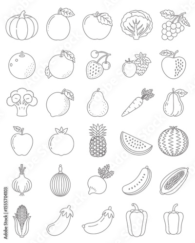 Vibrant Fruits and Vegetables Line Art Collection  A Diverse Set of Fresh Produce Illustrations