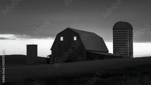 Serene Twilight A Black and White Farmhouse and Silo Silhouette