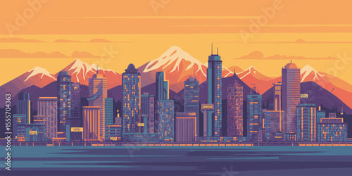 An evocative urban panorama showcases a dramatic city skyline silhouetted against a vibrant sunset sky