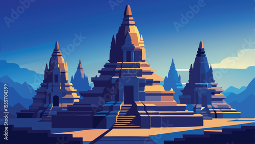 Stylized view of temples with stairs and mountain background landscape illustration