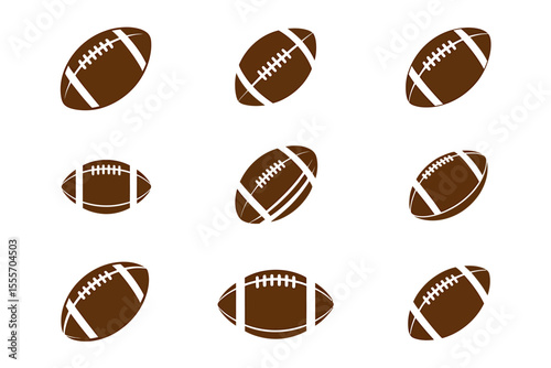 A collection of vector American football icons and symbols, featuring brown leather balls and equipment for team sports and game illustrations