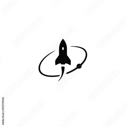 Minimal Rocket Launch Logo, A sleek black rocket icon launching upward, encircled by a planetary ring with a small orbiting sphere, symbolizing innovation, progress, and technology in a clean and mode