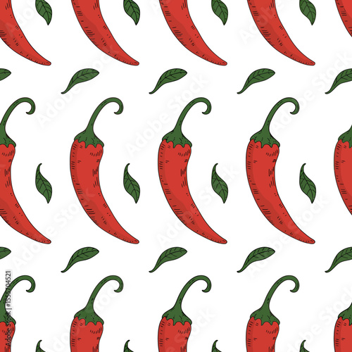 Seamless red hot chili peppers on a white background, perfect for a spicy food illustration