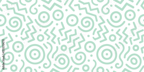 Memphis geometric seamless pattern. Pink pastel abstract background in retro 80s, 90s style with various shapes: circles, semicircles, dots, zigzags, spirals, wavy lines. Cute kid doodle design.