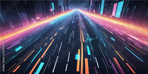 Abstract colorful lights blur into dynamic streaks of red and urban hues, depicting the speed of night traffic on a city highway