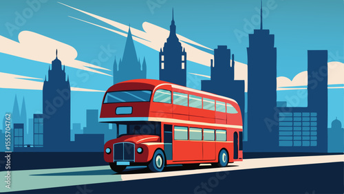 A red double decker bus in front of a city skyline scene landscape illustration