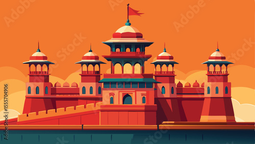 A stylized depiction of a fort with a flag on the top tower landscape illustration
