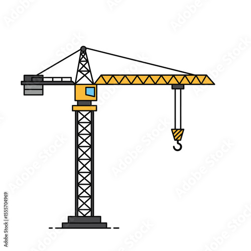 Yellow tower crane on a white background, symbolizing heavy construction work and industrial development